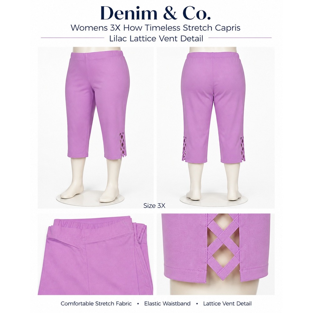 Denim & Co Womens 3X How Timeless Stretch Capris Lilac Lattice Vent A213117 NEW‎